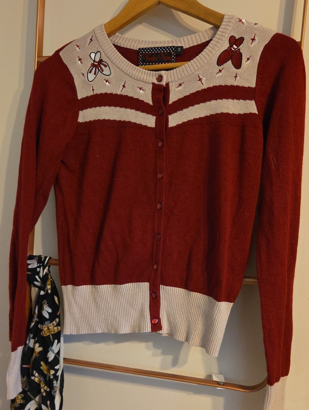 Voodoo Vixen Vintage-Inspired Red and Cream Bowling Button-Up Cardigan Sweater